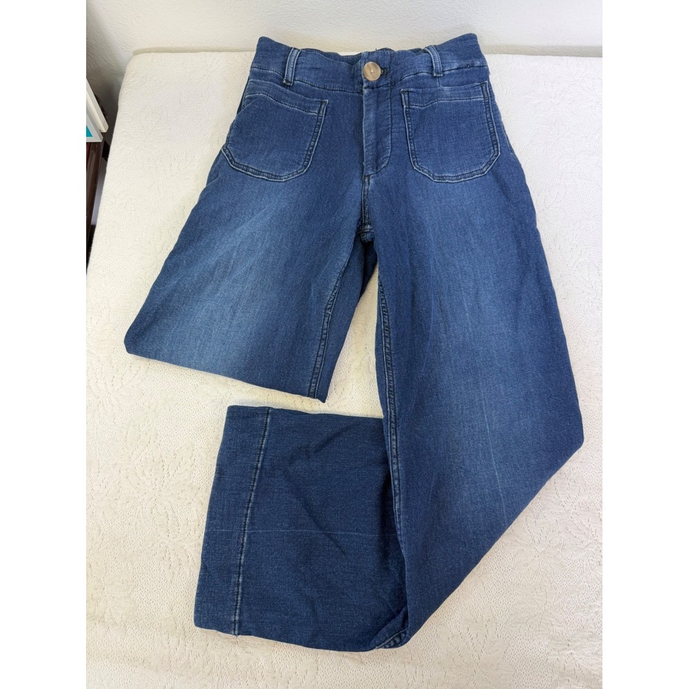 Maeve Anthropologie The Colette Full Length Wide Leg Jeans Blue 26P Patch Pocket